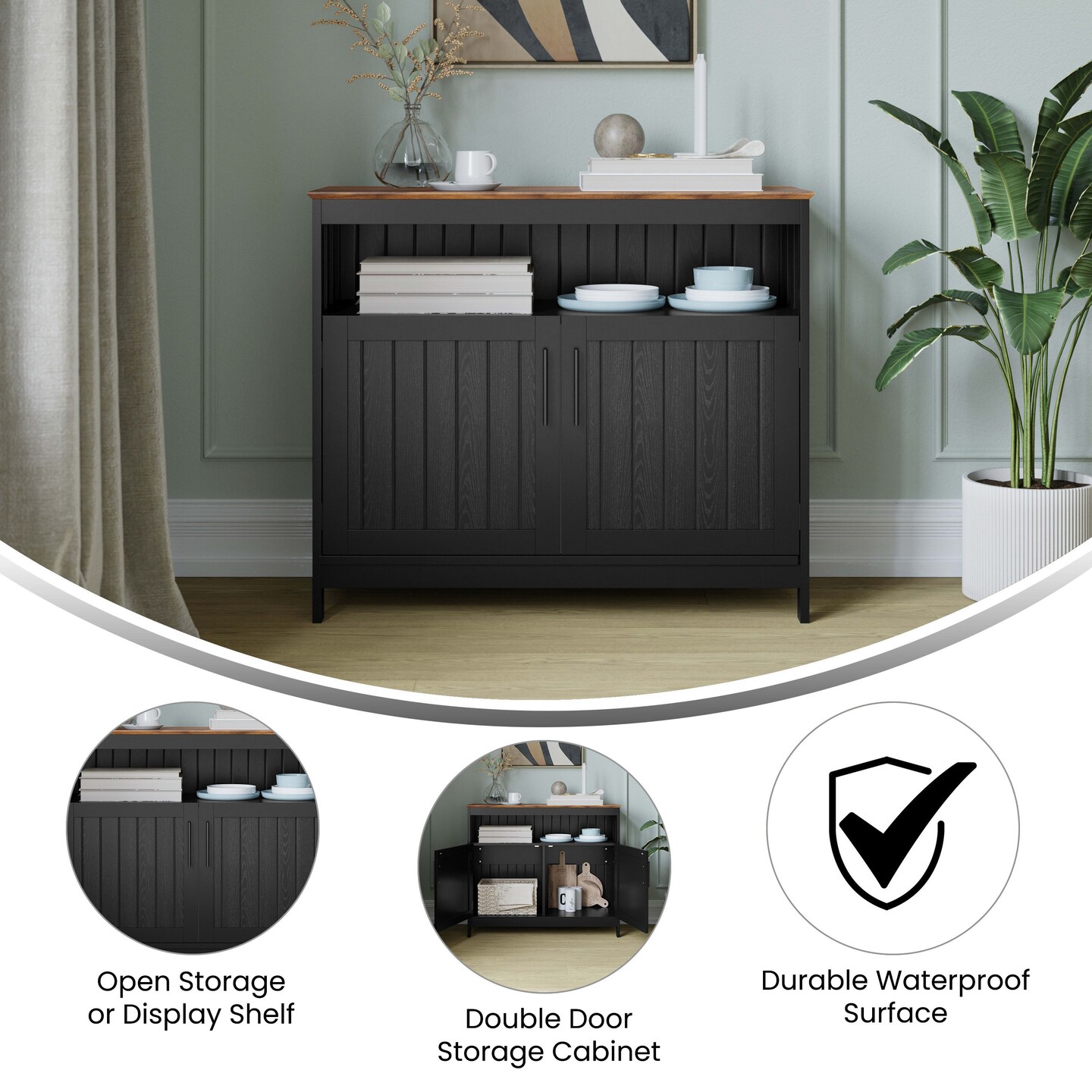 Merrick Lane Tanner Buffet and Sideboard with Storage Cabinet and Upper Shelf