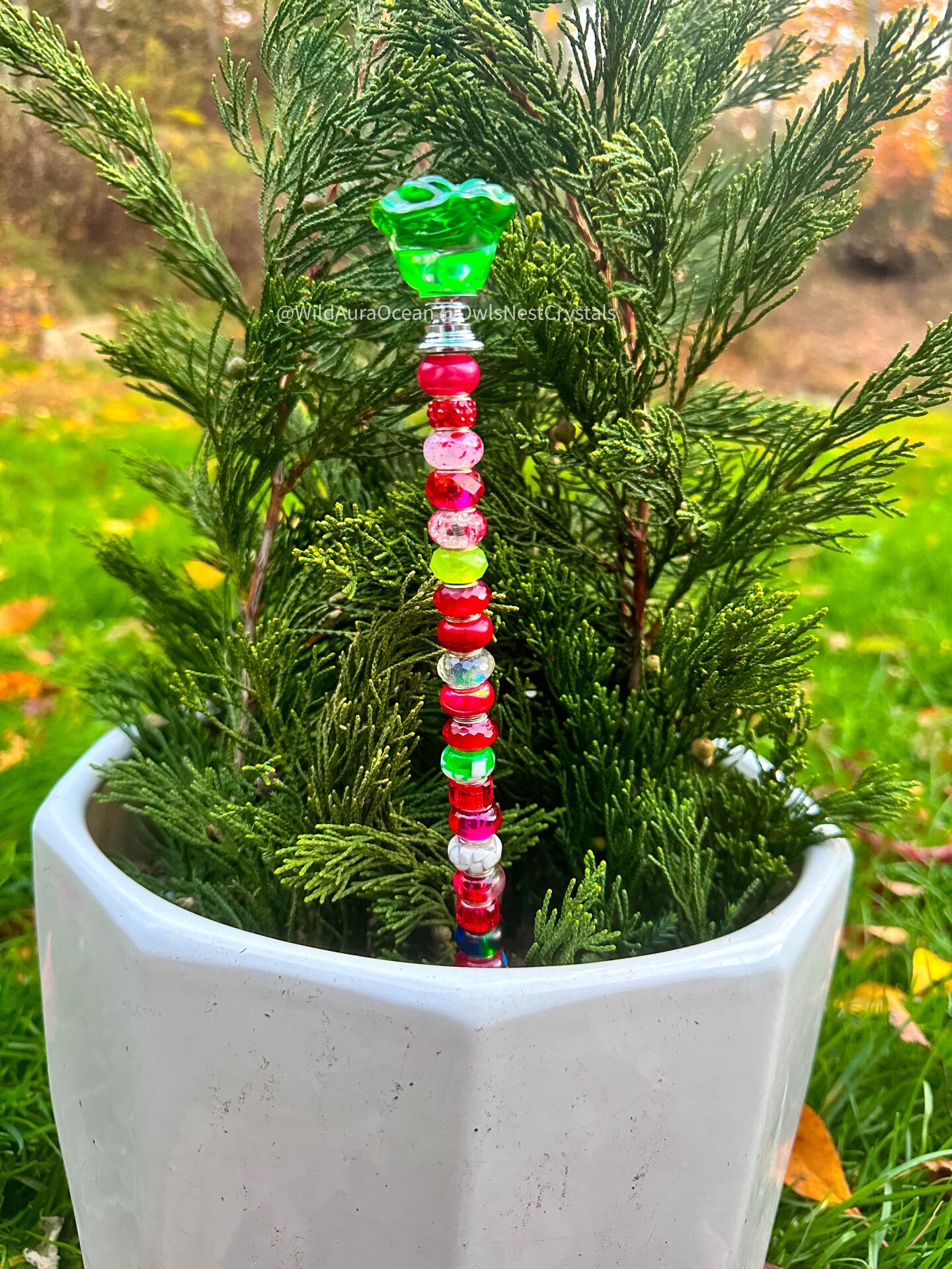 Holiday Flower Pot Stake Gift Set, Crystal and Seashell Embellished Pot Decor | Handmade | Selection product 2
