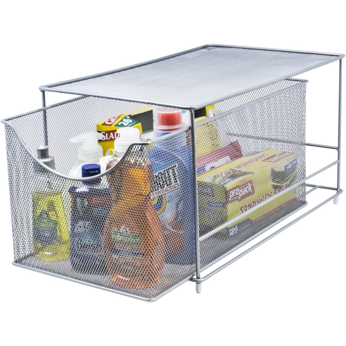 Sorbus Mesh Cabinet Organizer Basket With Sliding Drawer —Stackable, Ideal for Countertop, Cabinet, Pantry, Under the Sink, Desktop and More