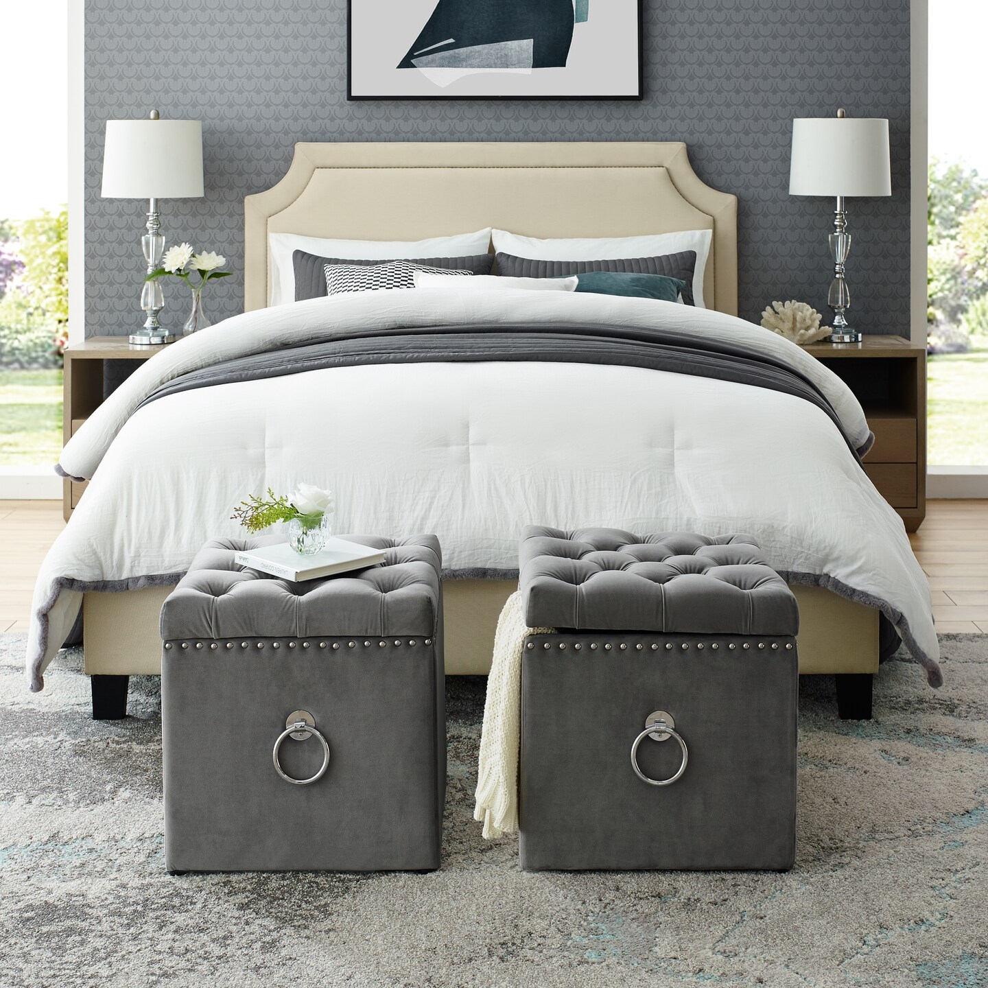 Micella Linen/Velvet Nailhead Trim Cube Storage Ottoman 1 Pc