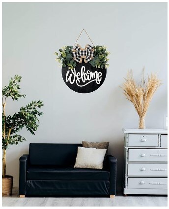 Farmhouse Wreath Wall Decor 30cm Round Wooden Hanging Housewarming Welcome Sign for Front Door Porch Decor Outdoor and Indoor Home Decor (Black)
