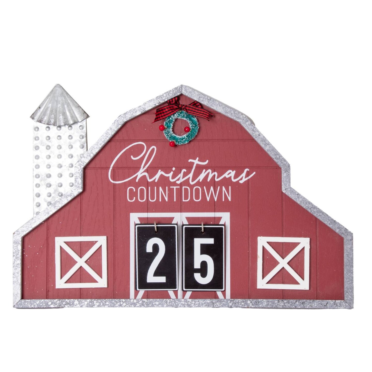 Gerson Wooden Barn Christmas Countdown Decor for Advent, Red Barn with Metal Silo Farmhouse Style Holiday Decor