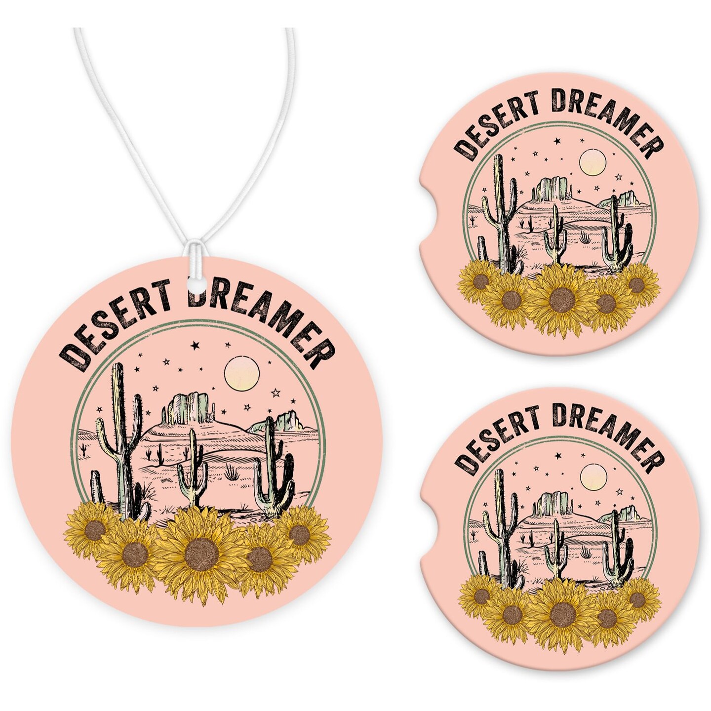 Dreamer Car Charm and set of 2 Sandstone Car Coasters - Vehicle Accessories  - Gift Set