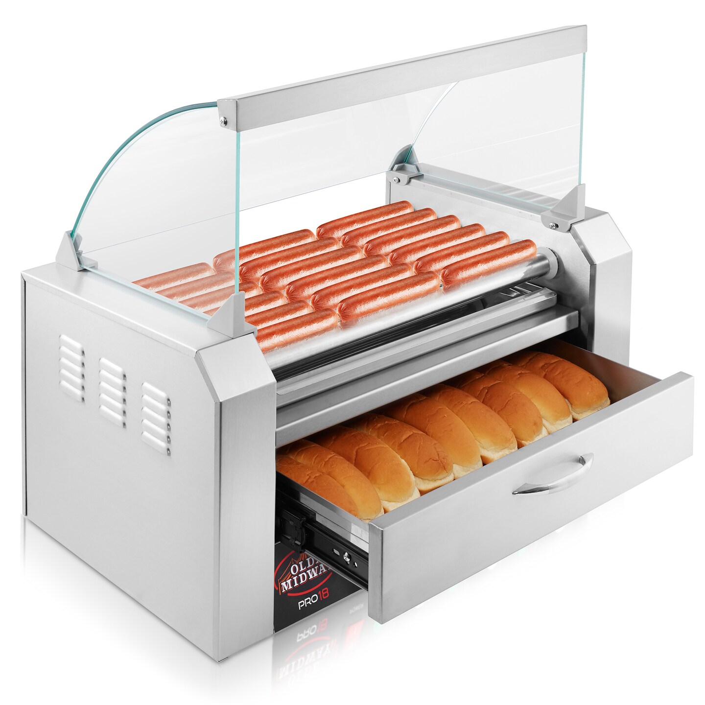 Olde Midway Electric Hot Dog Roller Grill Cooker Machines with Bun Warming Drawer - Commercial Grade