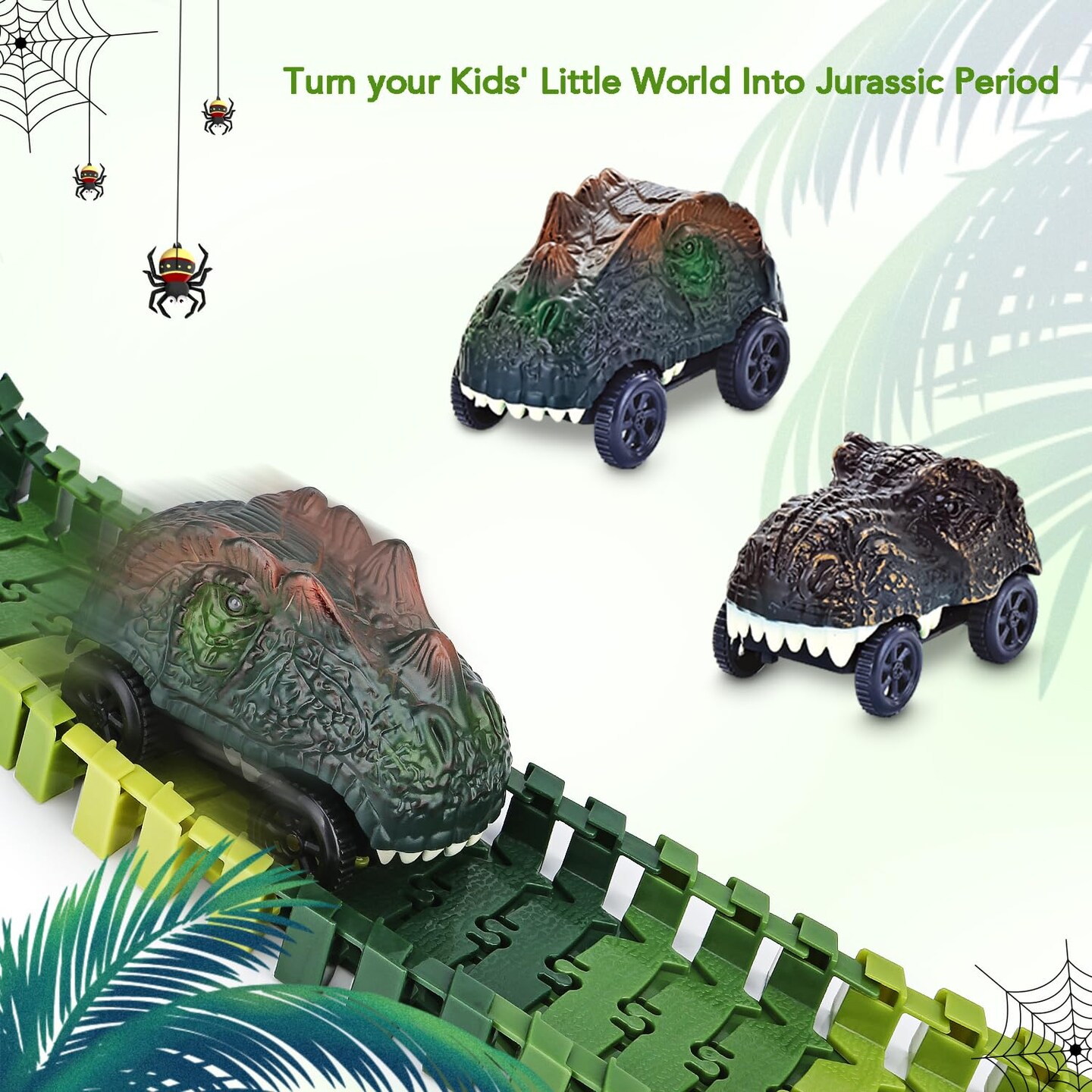 Dinosaur Toys,Create A Dinosaur World Road Race,Flexible Track Playset and 2 pcs Cool Dinosaur car for 3 4 5 6 Year & Up Old boy Girls Best Gift