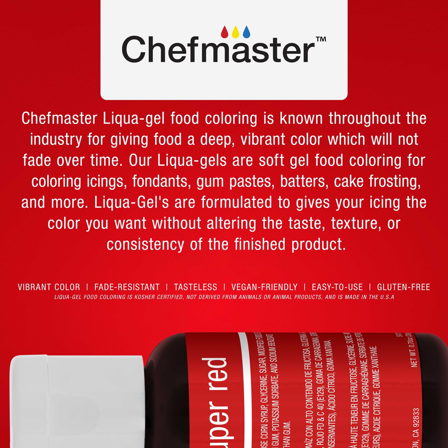 Chefmaster Liqua-Gel Cake Color Set - 4 Primary Colors in 0.7 fl. oz. (20ml) Bottles