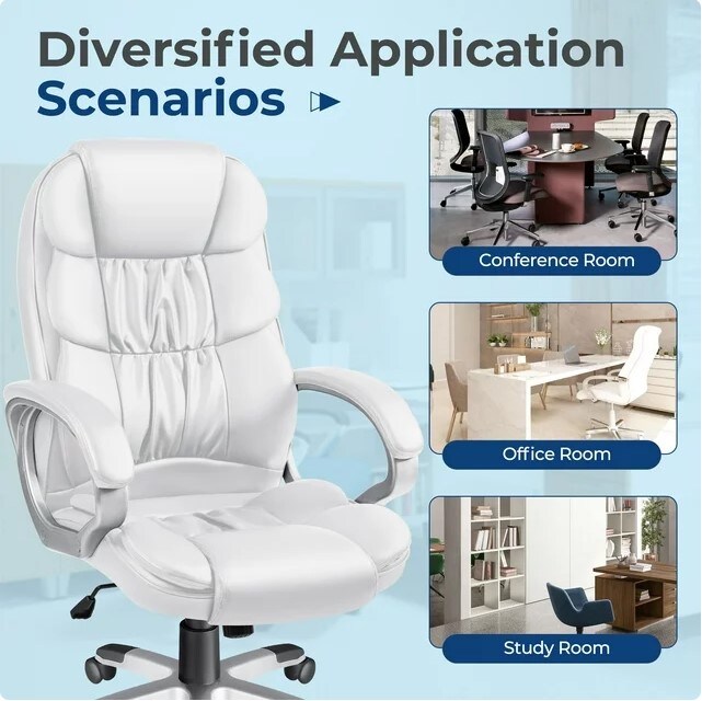 Adjustable Ergonomic Swivel Desk Chair with Lumbar Support and Armrest, White High Back Executive Chair PU Leather Business Manager&#x27;s Office Chair