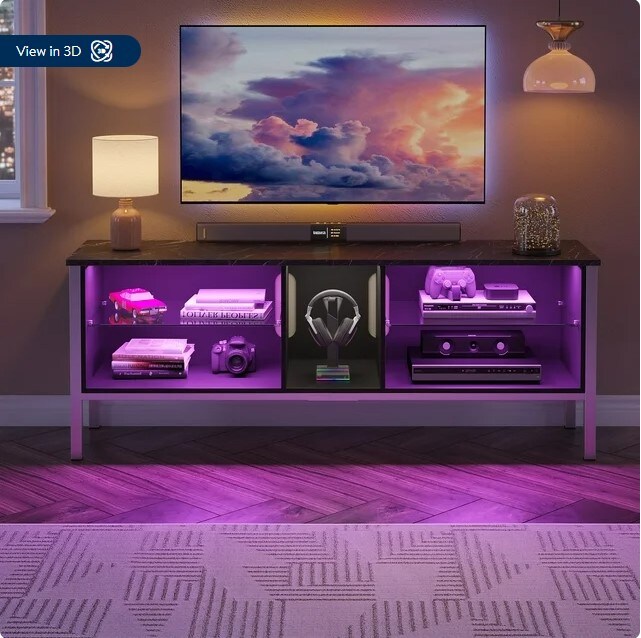 LED Entertainment Center for PS4 with Storage Cabinet, Black Marble, Modern TV Stand for TVs up to 75&#x22;