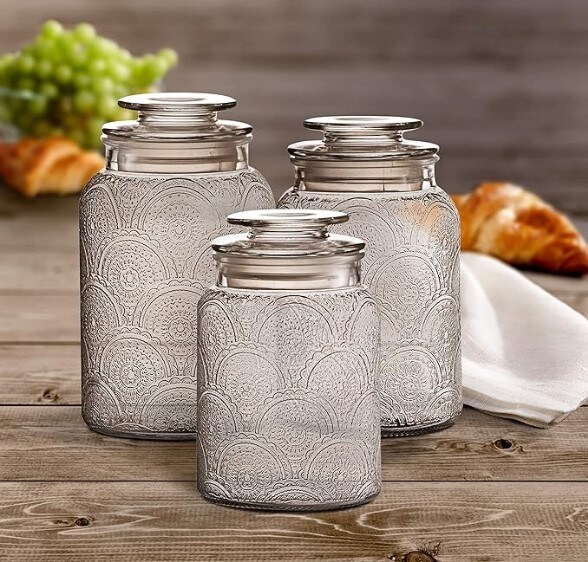 Canister Set 3-Piece Glass Jars with Airtight Lids in 34oz, 44oz, and 54oz Retro Designs for Cookies, Candy, Coffee, Flour, Sugar, Rice, Pasta, Cereal, and More