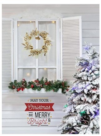 White Fake Pampas Grass Xmas Wreaths with Gold Berry Leaves Bells Balls for Windows Fireplaces Walls, Indoor and Outdoor, 19 Inch Gold Christmas Wreath for Front Door