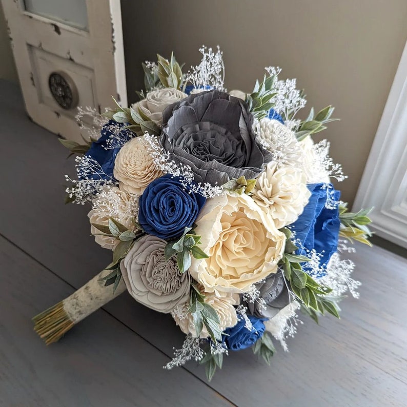 Steel blue navy and grey bouquet, sola good wood flowers