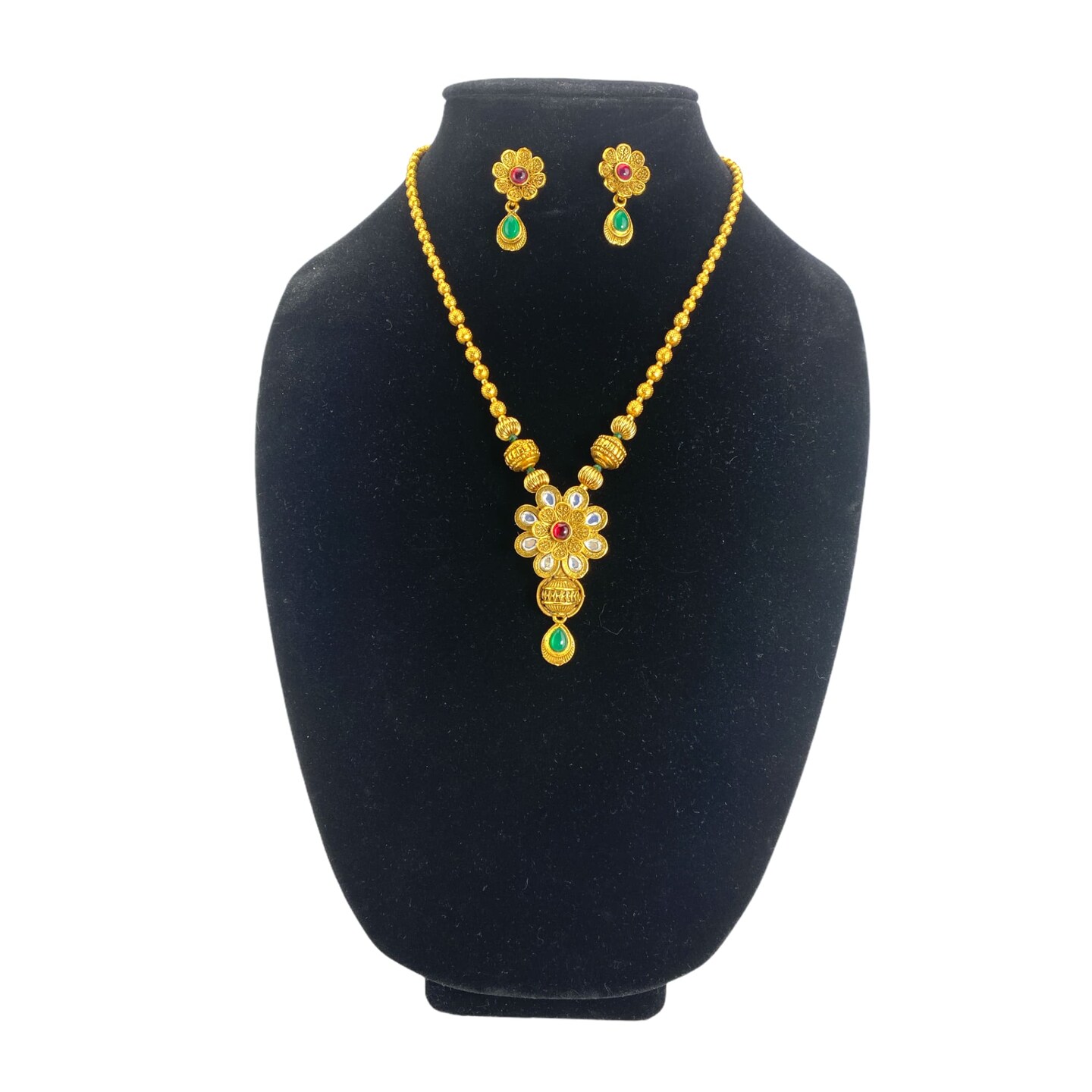 South Indian And Pakistan Pendant Jewelry Set &#x2013; Matte Gold Plating Antique Ethnic Necklace And Earrings Jewelry Set