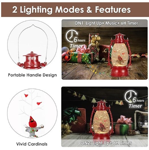Cardinal Christmas Snow Globes, Swirling Glitter Hanging Snow Globe for Gift and Home Decor, 6H Timer Lighted Christmas Lantern with Music