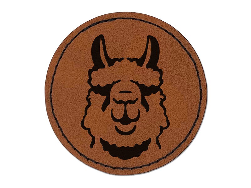 Fluffy Wooly Llama Head Round Iron-On Engraved Faux Leather Patch Applique - 2.5&#x22;