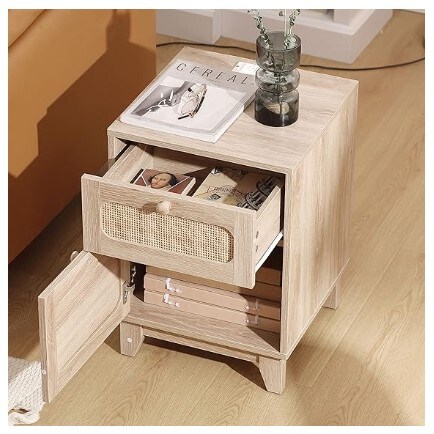 Boho Side Table with Handmade Rattan Decorated Drawer for Bedroom, Living Room