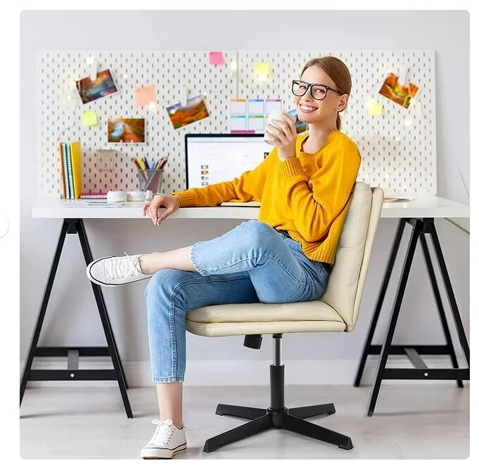 PU Leather Armless Desk Chair with No Wheels for Home Office, 120-Rocking Mid-Back Ergonomic Computer Task Chair for Makeup, Wide Padded Swivel Vanity Chair, and Small Space