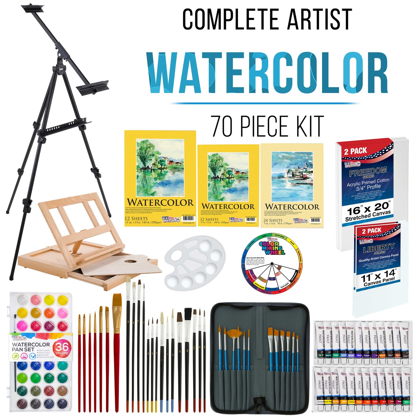 U.S. Art Supply 70-Piece Artist Watercolor Painting Set with Aluminum Field  Easel, Wood Table Easel, 60 Watercolor Paint Colors, 34 Brushes 2 Canvases