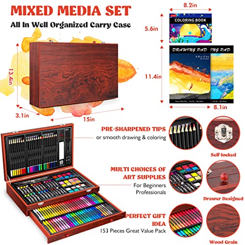 153 Pieces Deluxe Wooden Art Set Crafts Drawing Painting Coloring Supplies Kit with 2 A4 Sketch Pads, Halloween Creative Gift Box for Adults Artist Beginners Kids Girls Boys