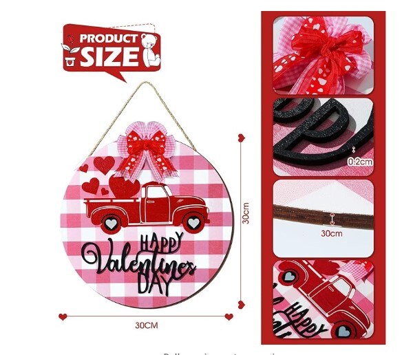 Valentine's Day Wooden Decor Truck Wreath Decor Pink Buffalo Plaid Door Hanging Decorations for Valentine's Day Valentine's Day Wooden Wall Plaque