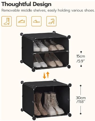 8 Cube Shoe Rack with Door, Holds 32 Pairs of Shoes, 8 Tier Shoe Storage Cabinet for Closet, Shoe Organizer Steel Structure, Plastic Panel Black, Easy to Assemble, for Entryway, Hallway