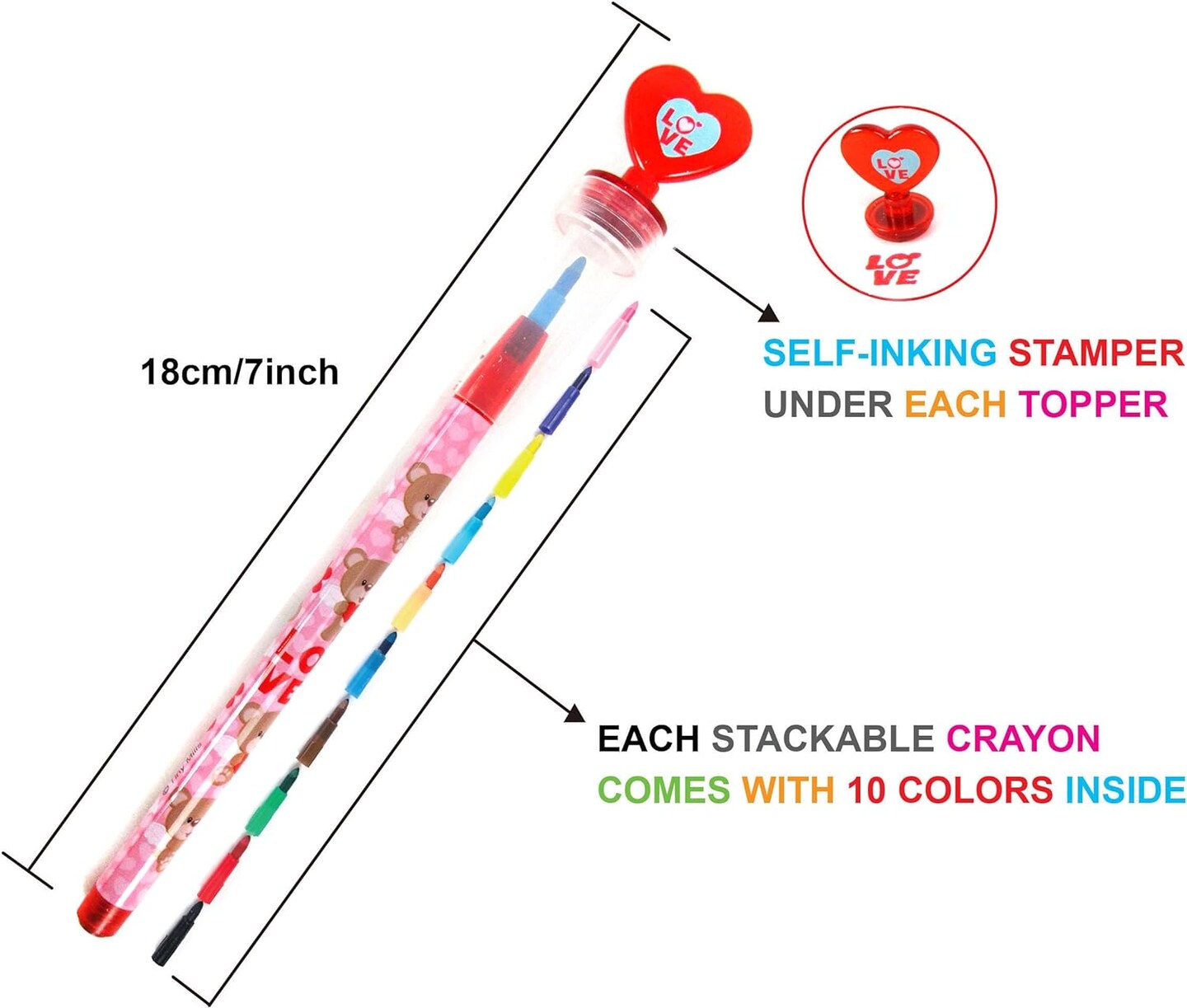 TINYMILLS 24 Pcs Valentine's Day 2 in 1 Stackable Stacking Crayon with Extra Stamper Topper, Valentine's Day Party Favors, Goodie Bag Stuffers, Valentine's Day Classroom Exchange
