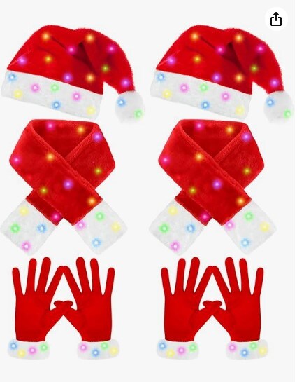 2 Christmas LED Light Hat Sets Christmas Light Up Scarves and Gloves Set New Year Flashing Holiday Party Supplies Holiday Santa Hat for Kids Adults Red and white