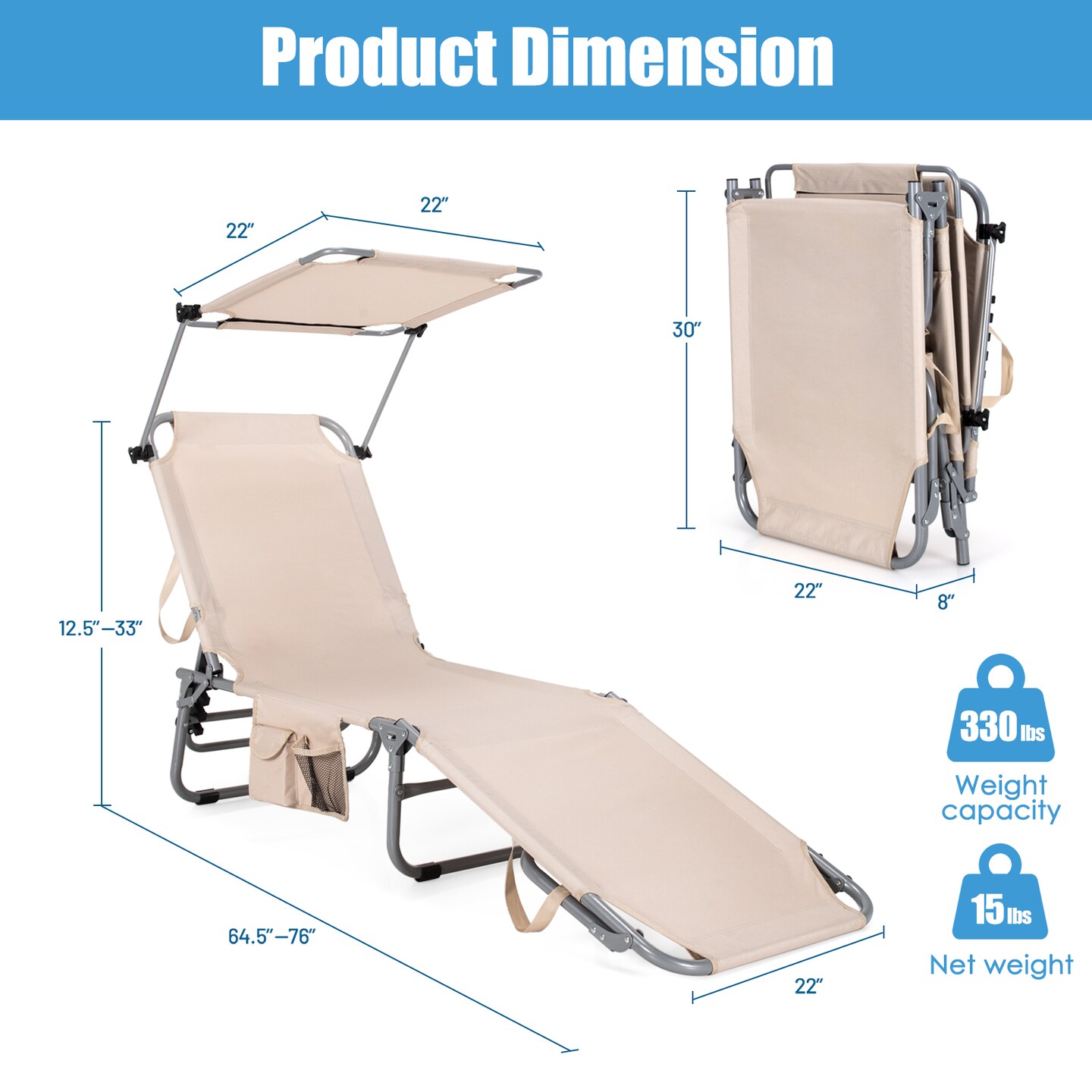 Set of 2 Portable Reclining Chair with 5 Adjustable Positions