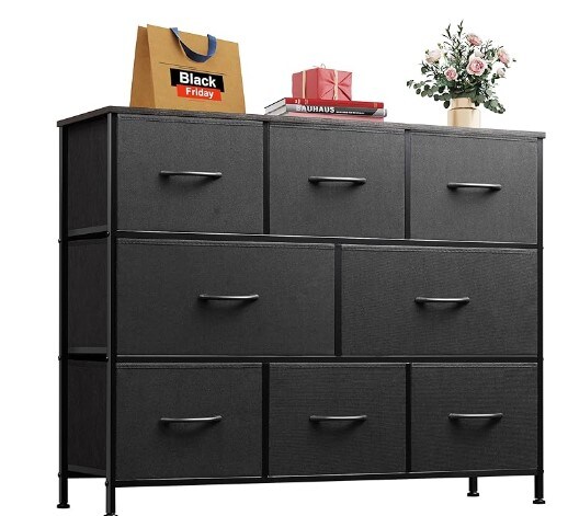 Fabric Bedroom Dresser, Charcoal Black Storage Drawer Unit, TV Stand for 32, 40, and 43-inch TV, Broad Dresser with 8 Big Deep Drawers for Office, College Dorm