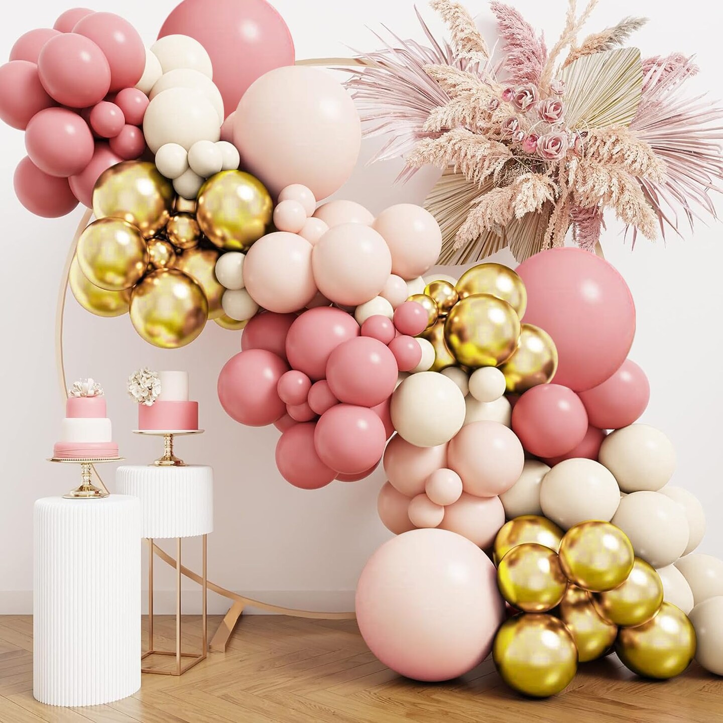 144 Pieces Boho Blush Balloon Garland Kit,Retro Pink Balloons with Pastel Orange Sand White and Metallic Gold Latex Balloons for Girl Women Baby Shower Bridal Shower Wedding Birthday Party Decorations…