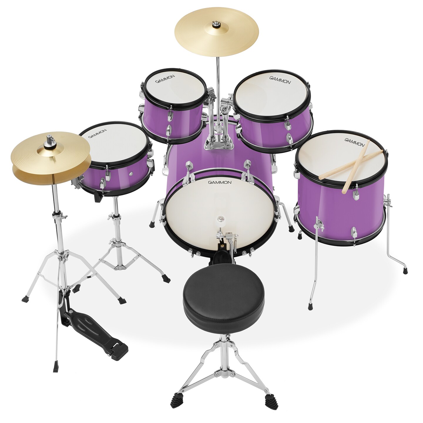 Gammon Percussion 5-Piece Junior Starter Drum Kit with Cymbals, Hardware, Sticks, & Throne