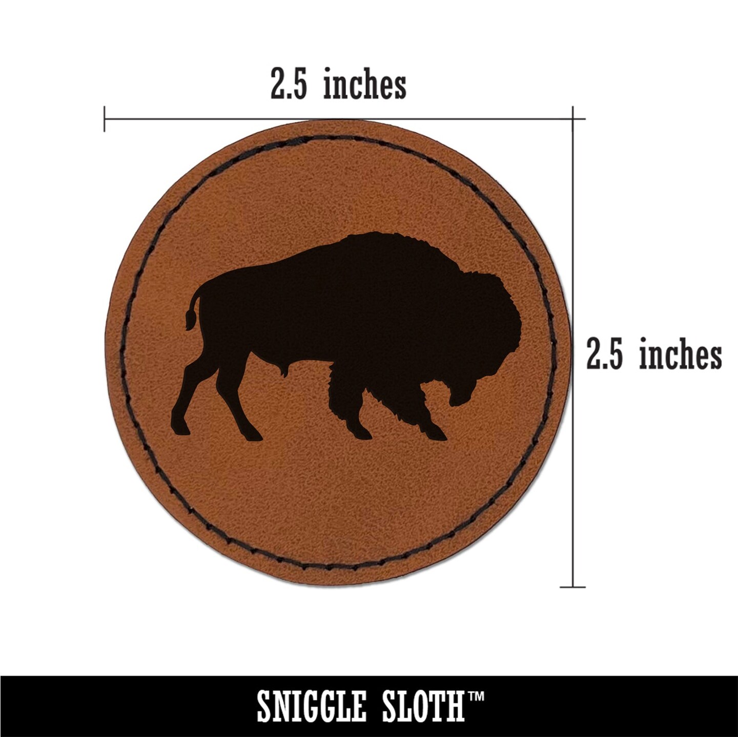 American Buffalo Bison Solid Round Iron-On Engraved Faux Leather Patch Applique - 2.5&#x22;