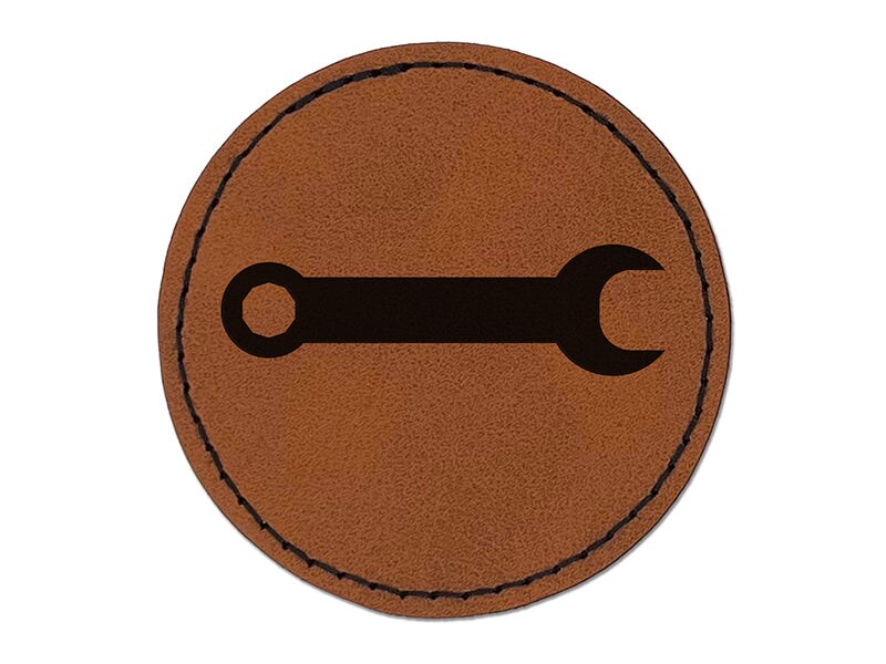 Wrench Solid Round Iron-On Engraved Faux Leather Patch Applique - 2.5&#x22;