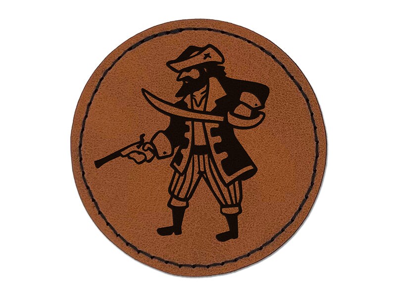 Pirate Cutlass Flintlock Pistol Round Iron-On Engraved Faux Leather Patch Applique - 2.5&#x22;