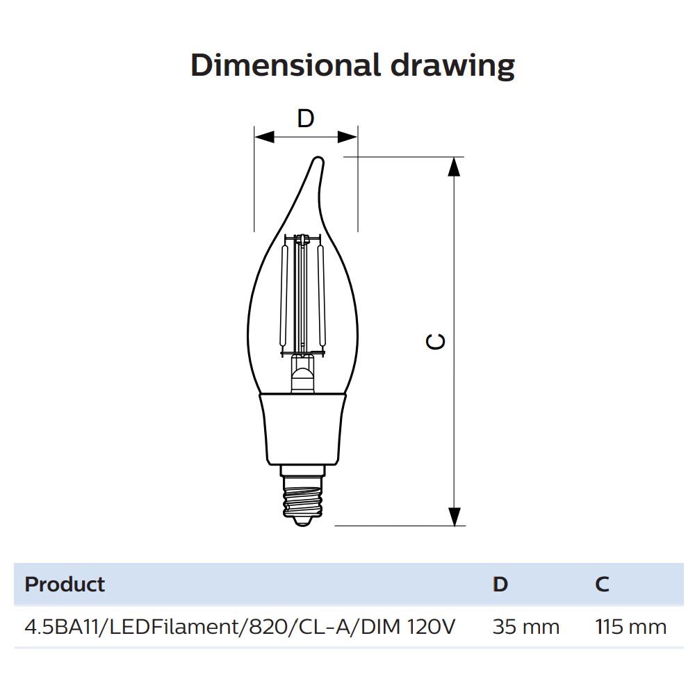 PHILIPS 4.5W BA11 Candle LED E12 Base 2000K Dimmable Bulb - 40w equiv.
