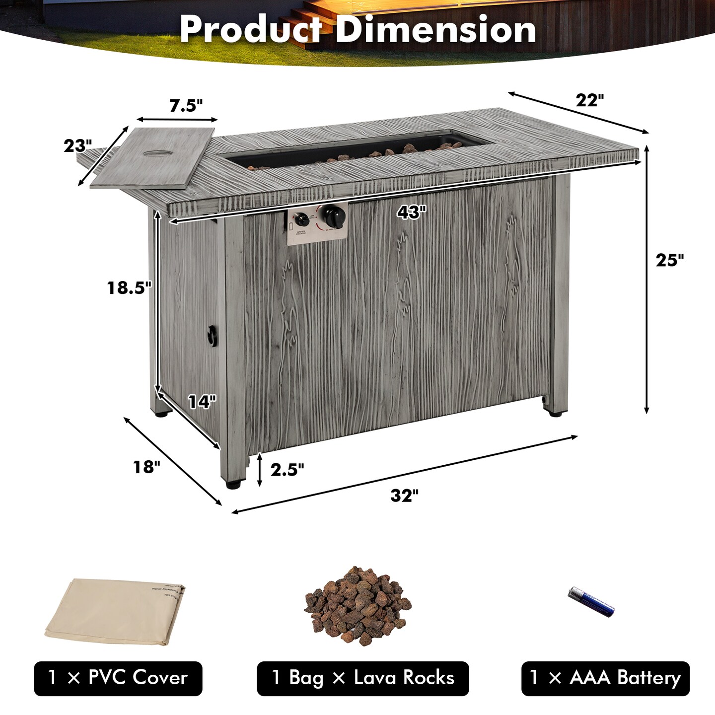 43 Inch 50 000 BTU Propane Fire Pit Table with Removable Lid-Grey
