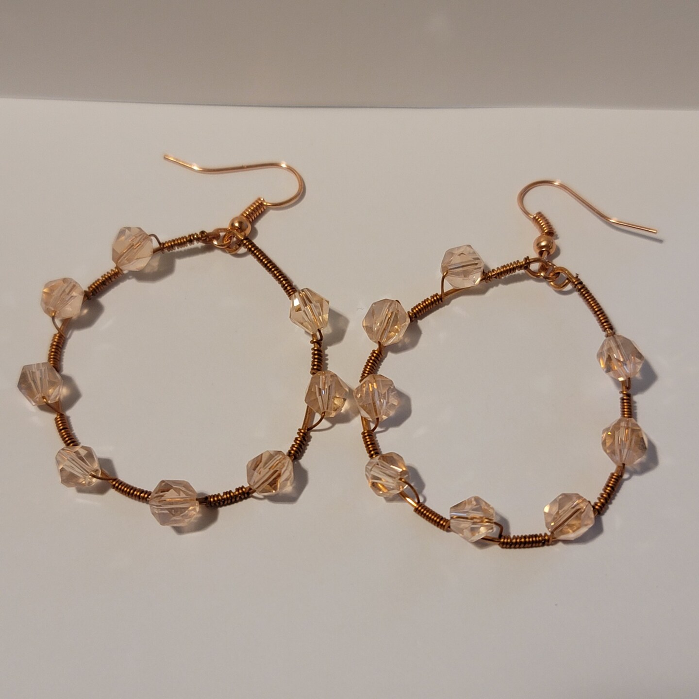 Copper Hoop Earrings with Pink Crystal Beads Wire Wrapped