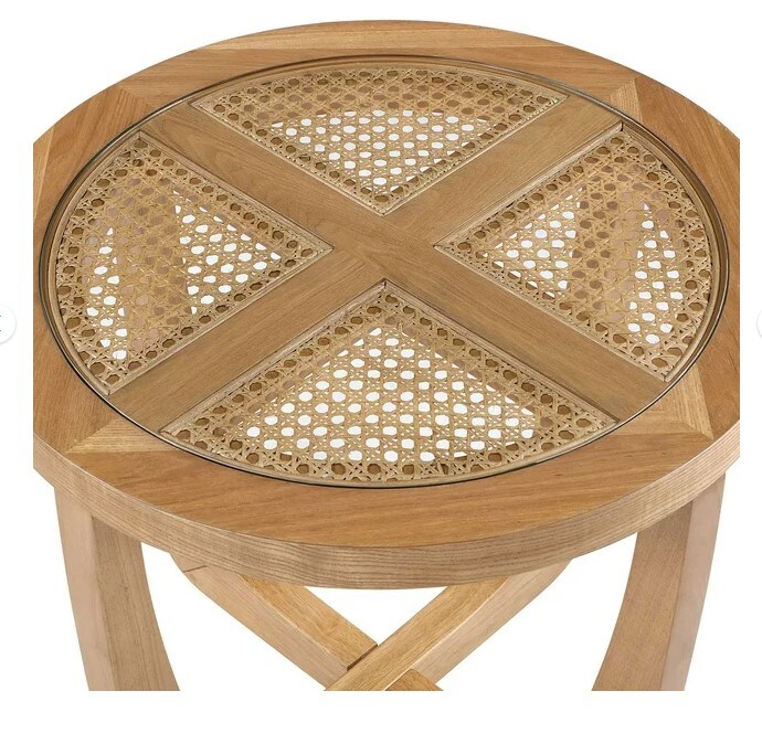 Drew Barrymore Rattan & Glass Side Table with Solid Wood Frame, Warm Honey Finish