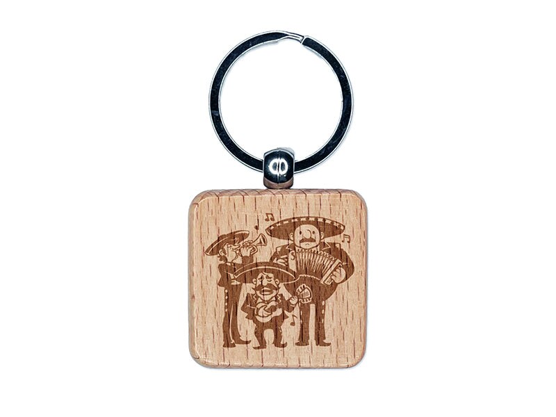 Mariachi Band Mexican Musical Group Engraved Wood Square Keychain Tag Charm
