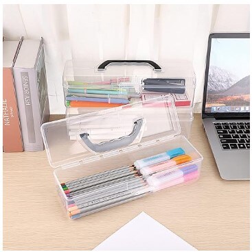 Stationery Storage Organiser Painting Tool Storage Container for Pencils Markers Sticky-Notes Craft Supplies 3 Pack Long Plastic Pencil Box Portable Clear Home Utility Boxes with Black Handle