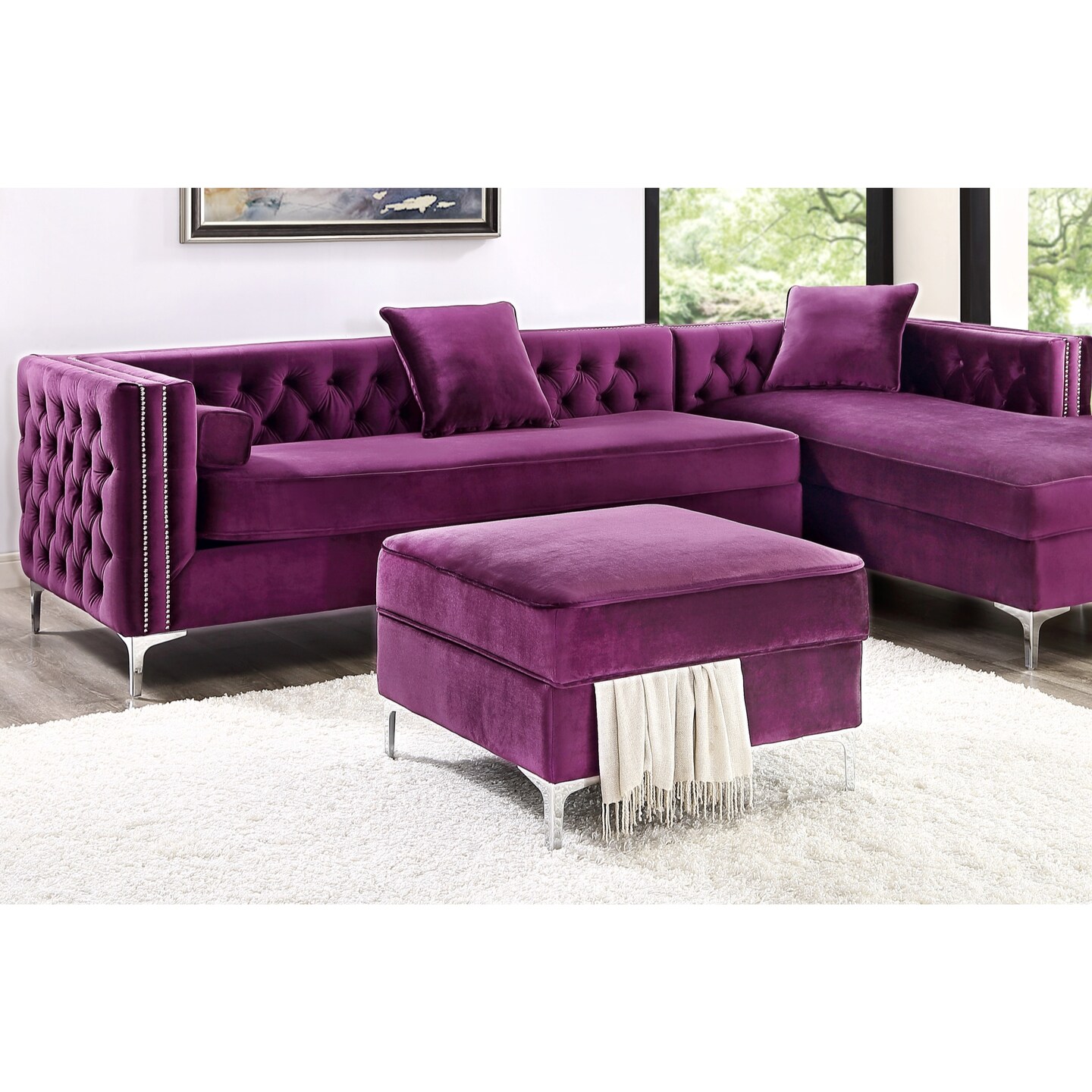 Olivia Velvet Metal Y-Leg Square Storage Ottoman