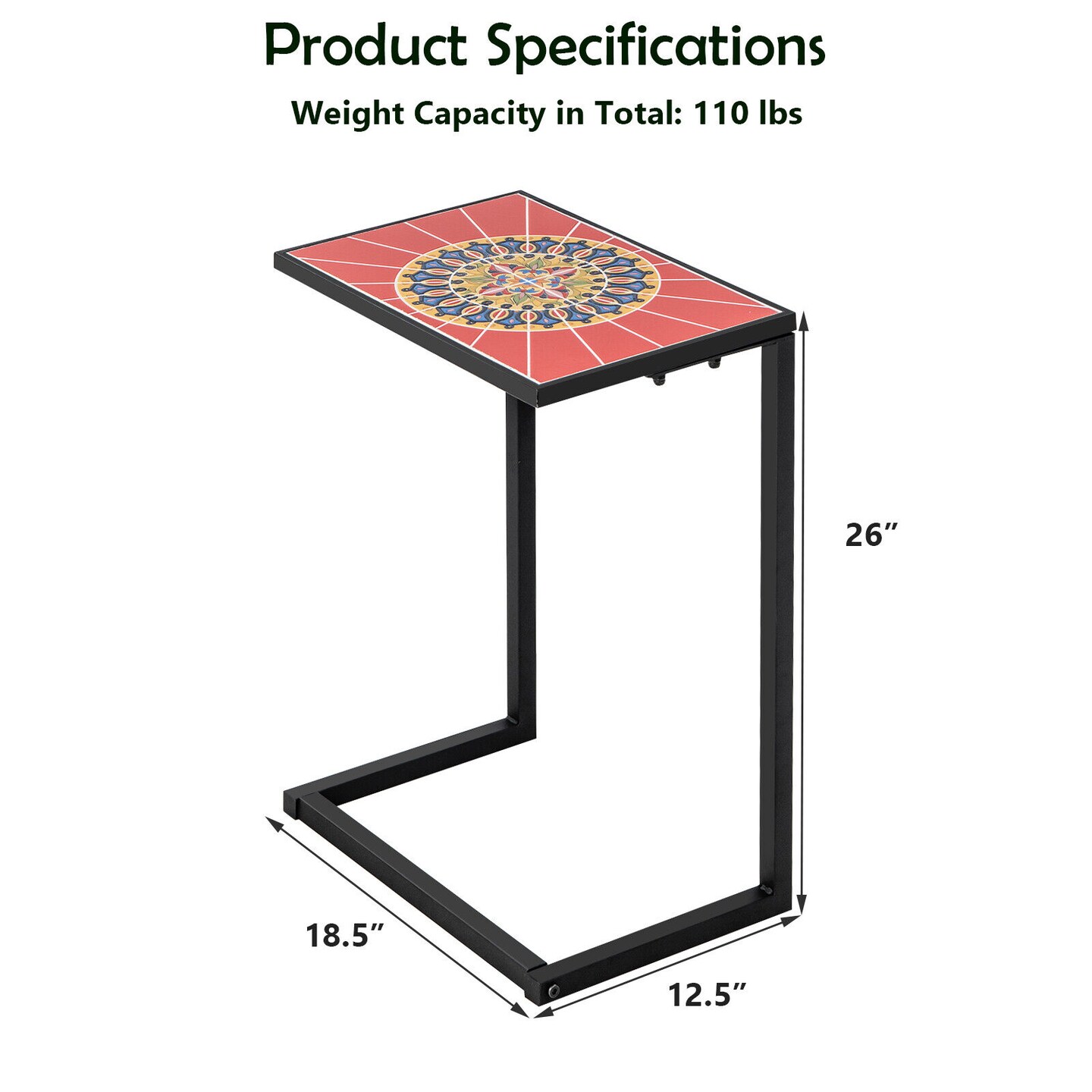 C-shaped Waterproof Outdoor Side End Table with Ceramic Top