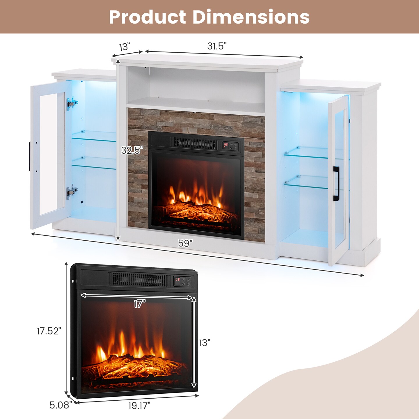Fireplace Entertainment Center Stand with 16-Color LED Lights for TVs