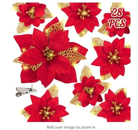 Poinsettias Artificial Flowers Ornaments 28PCS Christmas Tree