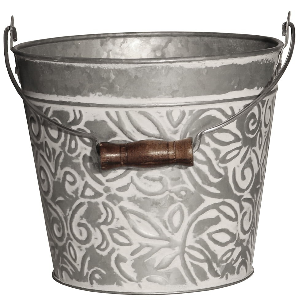 Robert Allen Galvanized Metal Planter, 8 inch Round Metal Bucket with Handle, White Washed Floral Design Farmhouse Decor for Indoor or Outdoor Use