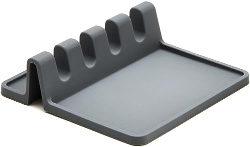 Grey Silicone Spoon Rest for Stove Top with Drip Pad (1 Pack) - Heat-Resistant, BPA-Free Utensil Rest &#x26; Spoon Holder for Kitchen Counter - Grill Utensil Holder for Spatulas, Tongs, and kitchenware