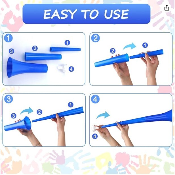 4 Pieces Collapsible Stadium Horn (Blue) 24 Inch Vuvuzela Plastic Trumpet Horn Blow Horn Noisemakers for Sporting Events Graduation Games School Sports Party Supplies Favors Accessories
