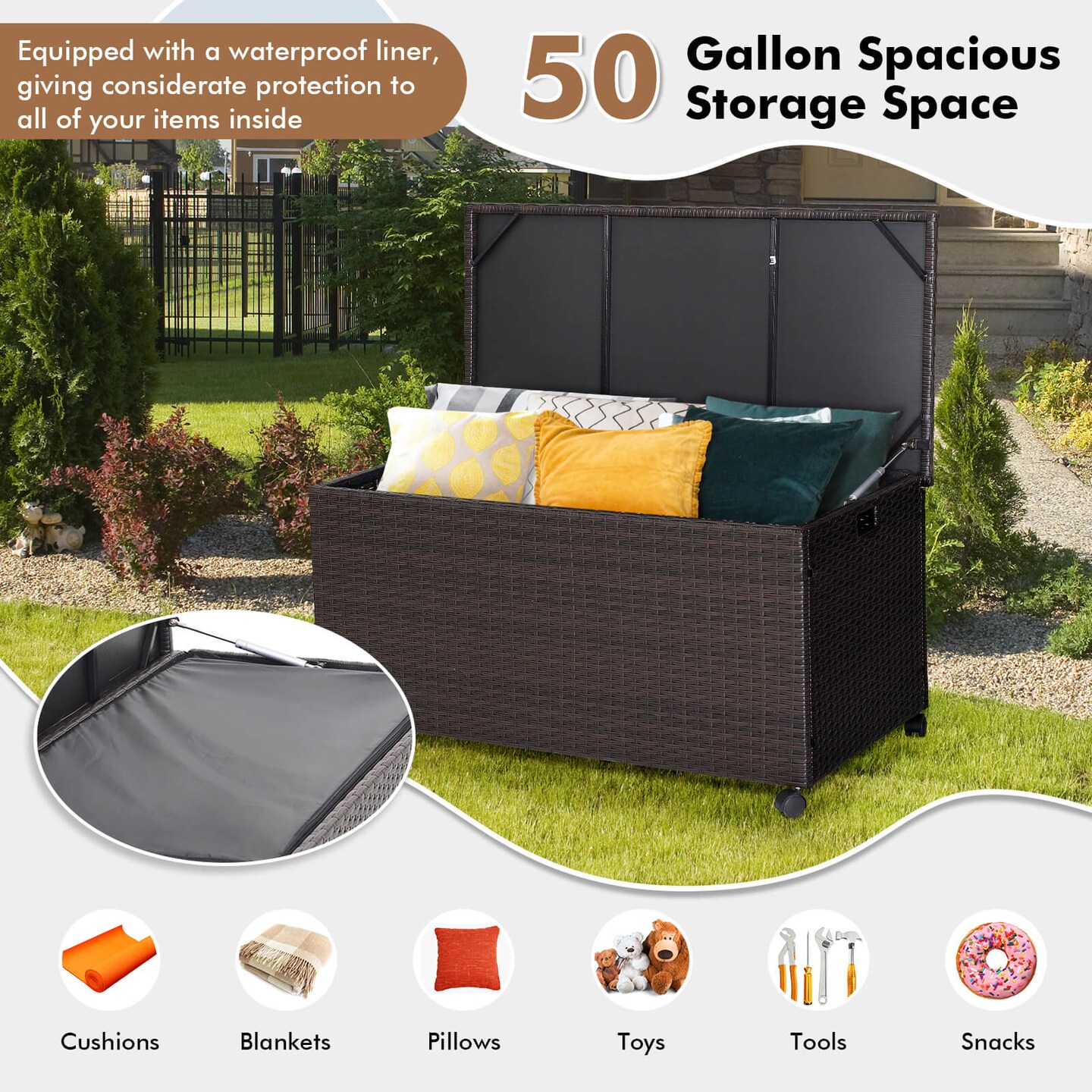 Outdoor Wicker Storage Box with Zippered Liner - 50 Gallon