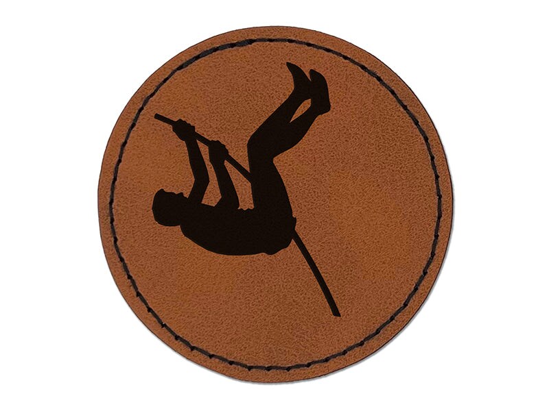 Pole Vaulter Track and Field Solid Round Iron-On Engraved Faux Leather Patch Applique - 2.5&#x22;