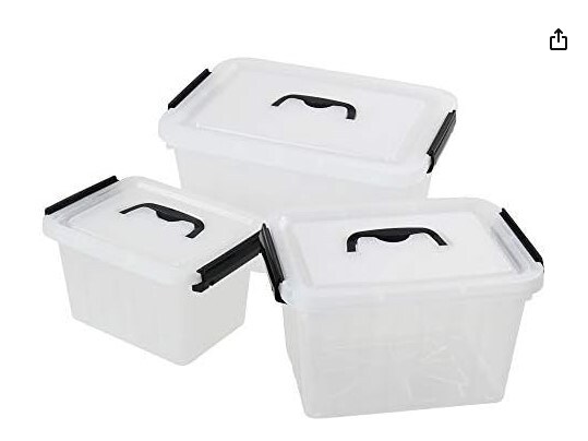 3 Packs of Clear Storage Bin, Plastic Stackable Box/Container with Lid and Black Handle
