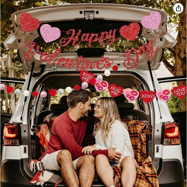 Glitter Happy Valentine&#x27;s Day Banner Hearts Garland Pre Strung Pom Pom, Valentine&#x27;s Day Decorations for Galentines Wedding Anniversary Party Supplies